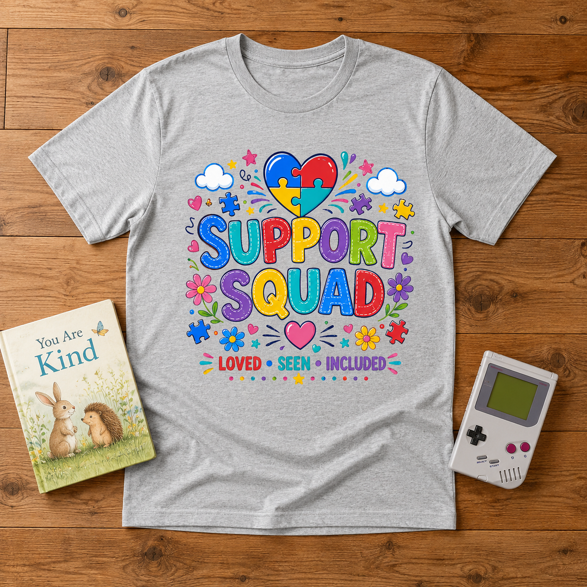 Youth Tee — "Support Squad" Autism Awareness Puzzle Heart Kids Shirt (Loved • Seen • Included)