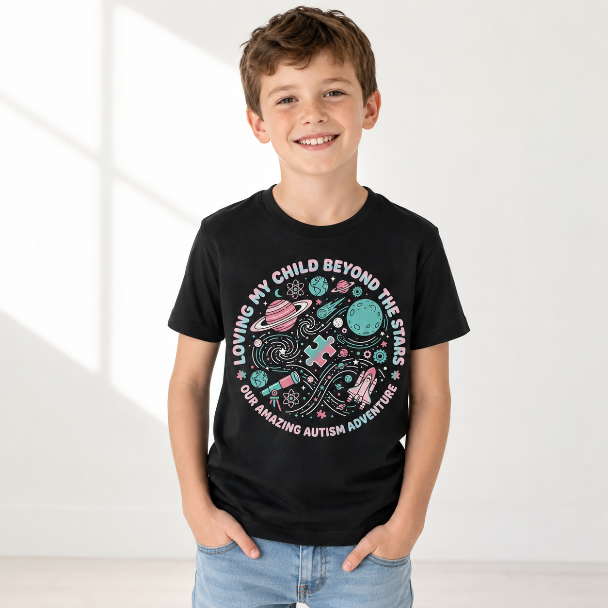 Youth Tee — "Loving My Child Beyond the Stars" Autism Awareness Space Design