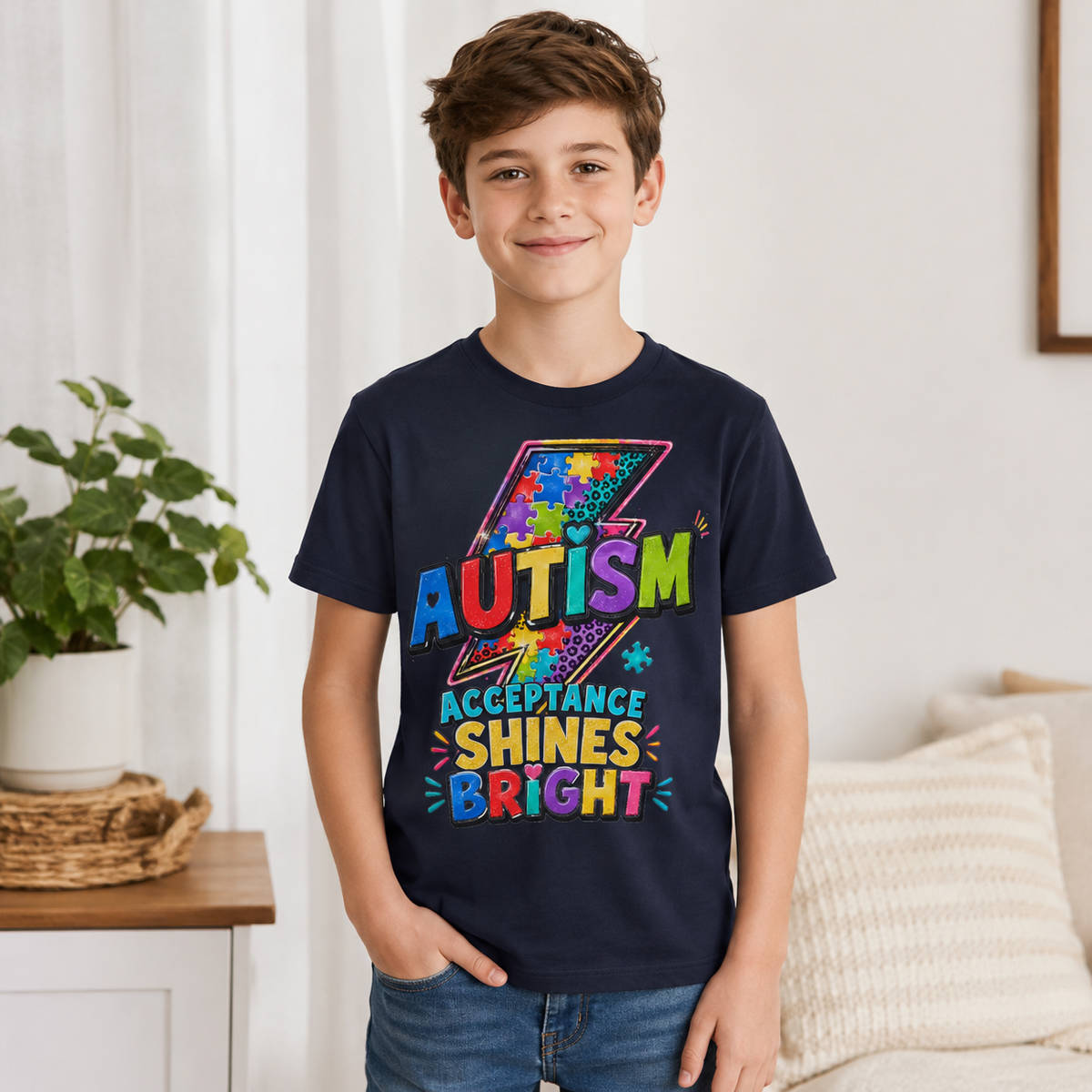 Youth Tee — 'Autism Acceptance Shines Bright' Colorful Lightning Bolt
