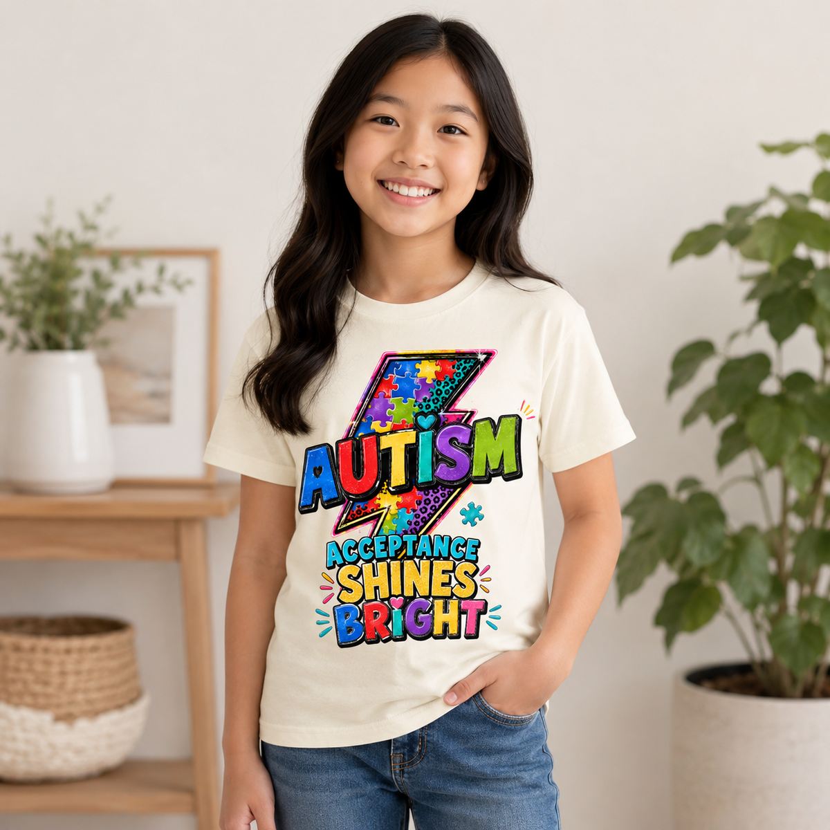 Youth Tee — 'Autism Acceptance Shines Bright' Colorful Lightning Bolt