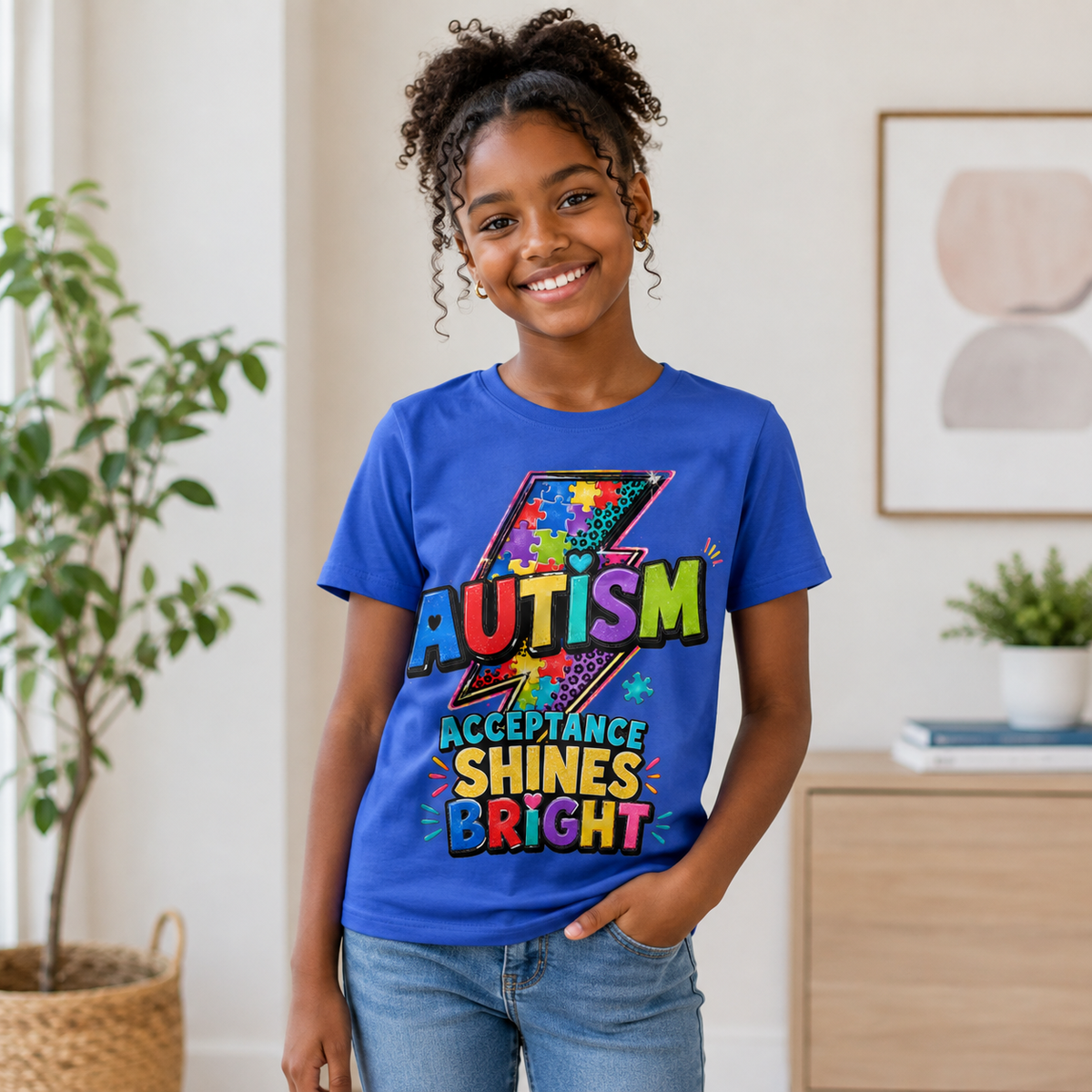 Youth Tee — 'Autism Acceptance Shines Bright' Colorful Lightning Bolt