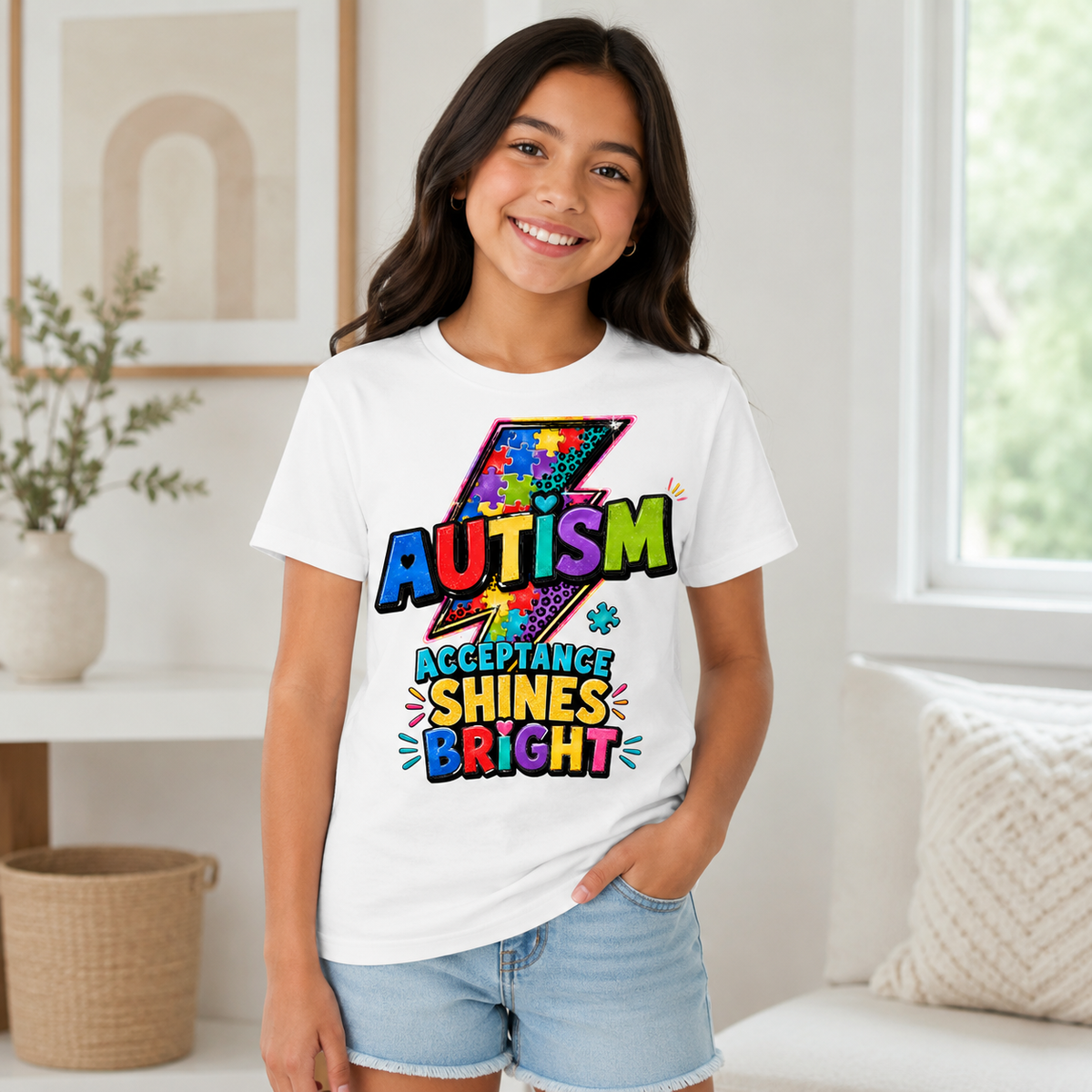 Youth Tee — 'Autism Acceptance Shines Bright' Colorful Lightning Bolt