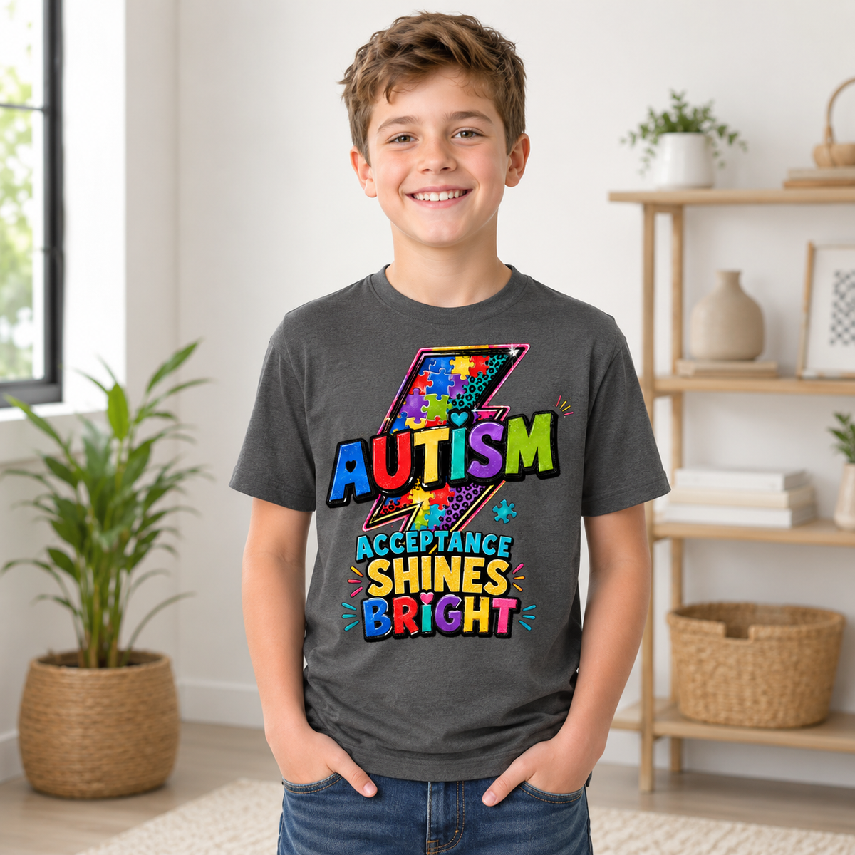 Youth Tee — 'Autism Acceptance Shines Bright' Colorful Lightning Bolt