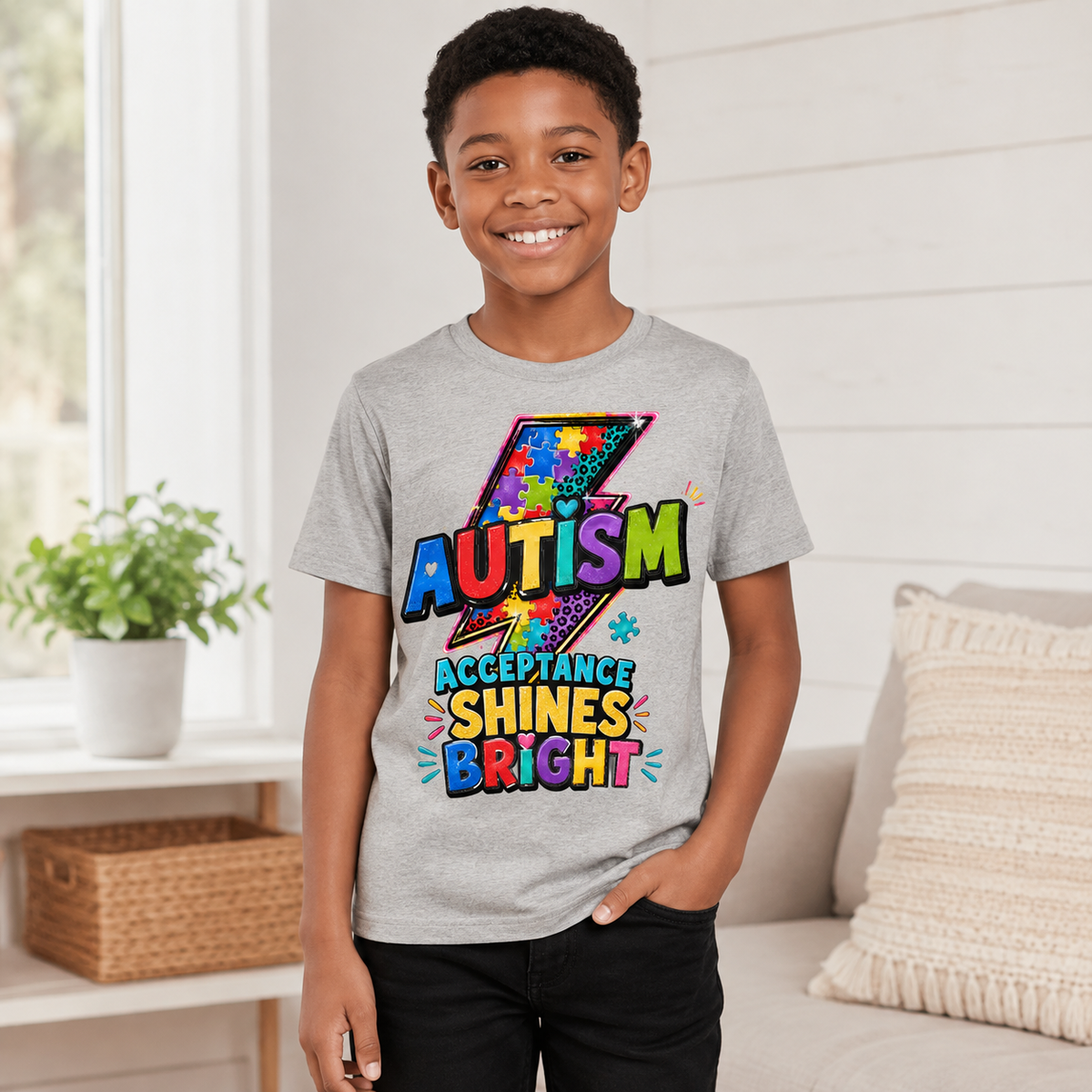 Youth Tee — 'Autism Acceptance Shines Bright' Colorful Lightning Bolt