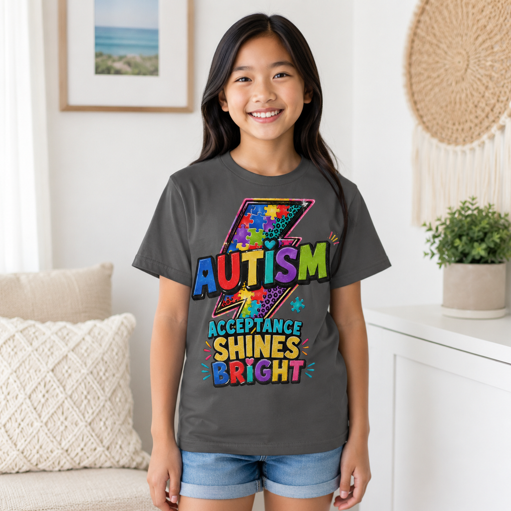 Youth Tee — 'Autism Acceptance Shines Bright' Colorful Lightning Bolt