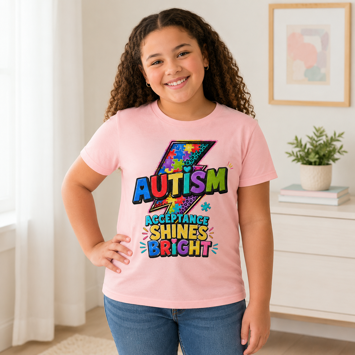 Youth Tee — 'Autism Acceptance Shines Bright' Colorful Lightning Bolt