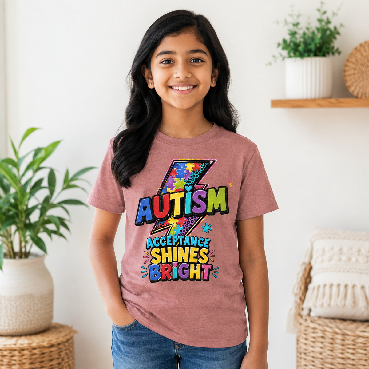 Youth Tee — 'Autism Acceptance Shines Bright' Colorful Lightning Bolt