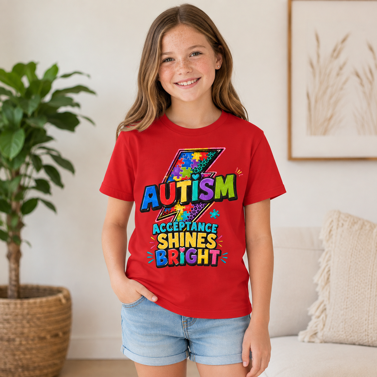 Youth Tee — 'Autism Acceptance Shines Bright' Colorful Lightning Bolt