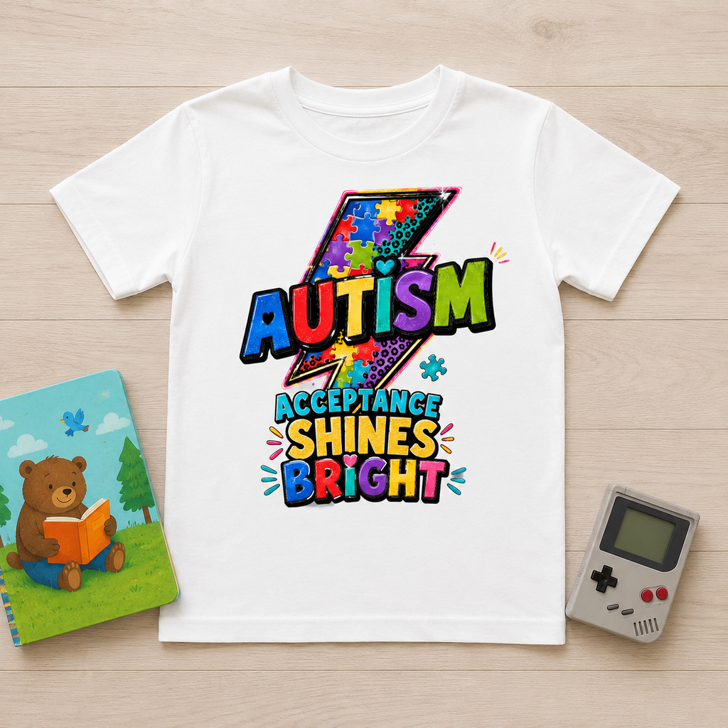 Youth Tee — 'Autism Acceptance Shines Bright' Colorful Lightning Bolt