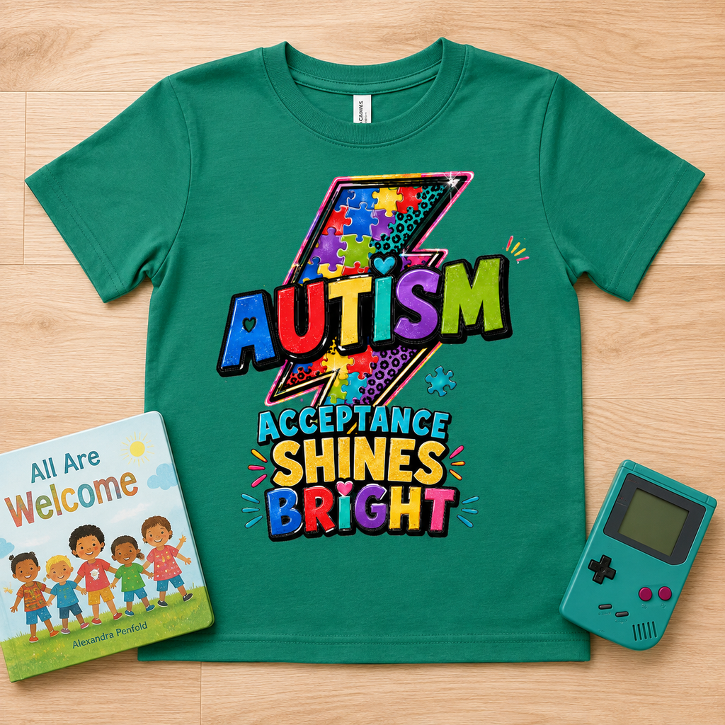 Youth Tee — 'Autism Acceptance Shines Bright' Colorful Lightning Bolt