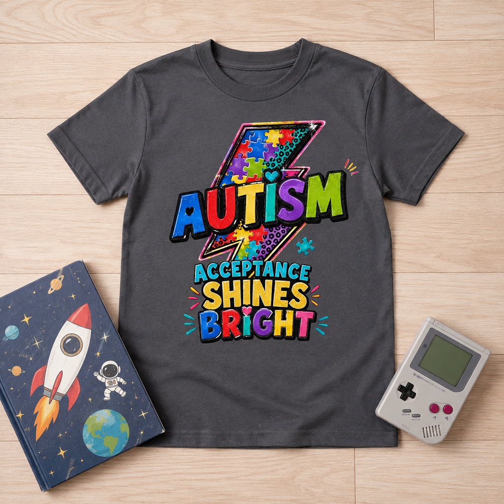 Youth Tee — 'Autism Acceptance Shines Bright' Colorful Lightning Bolt