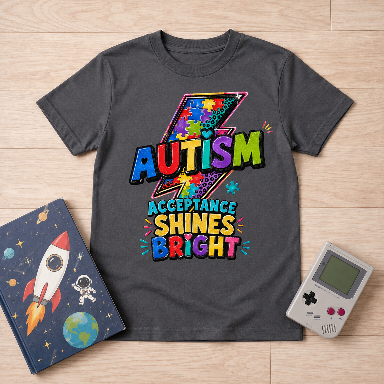 Youth Tee — 'Autism Acceptance Shines Bright' Colorful Lightning Bolt