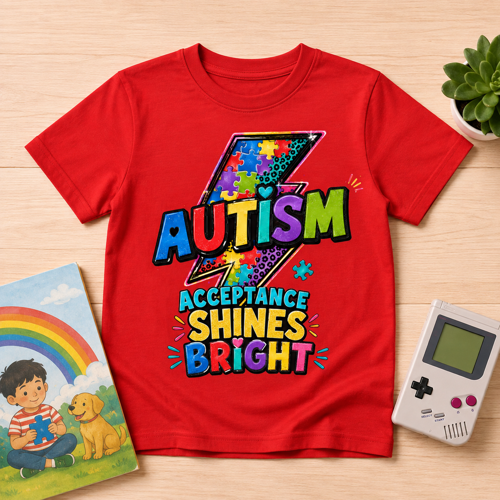 Youth Tee — 'Autism Acceptance Shines Bright' Colorful Lightning Bolt