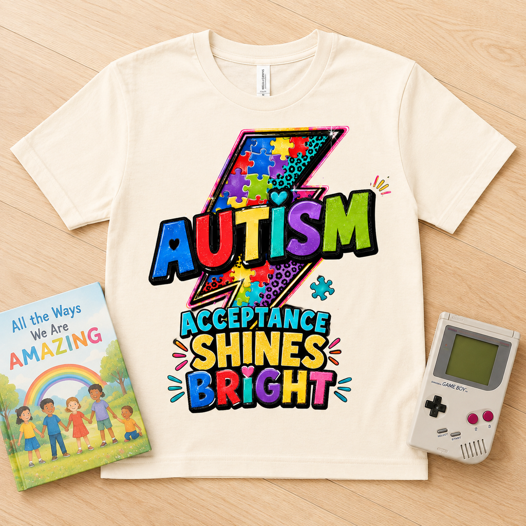 Youth Tee — 'Autism Acceptance Shines Bright' Colorful Lightning Bolt