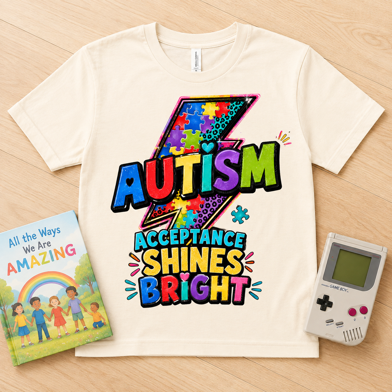 Youth Tee — 'Autism Acceptance Shines Bright' Colorful Lightning Bolt