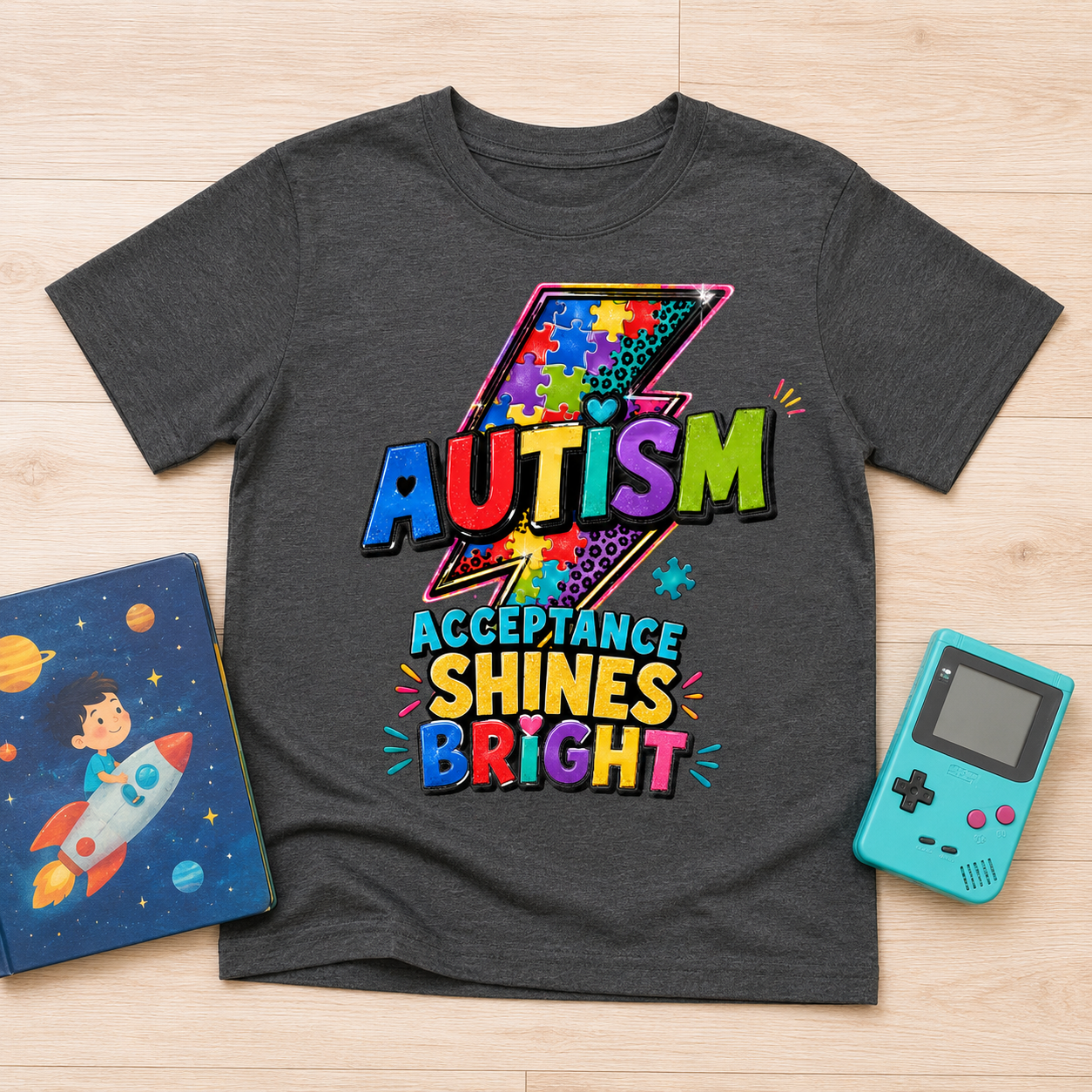 Youth Tee — 'Autism Acceptance Shines Bright' Colorful Lightning Bolt