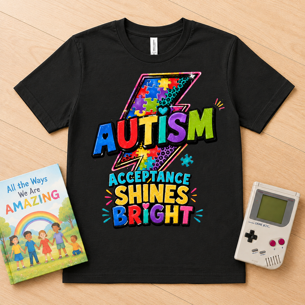 Youth Tee — 'Autism Acceptance Shines Bright' Colorful Lightning Bolt