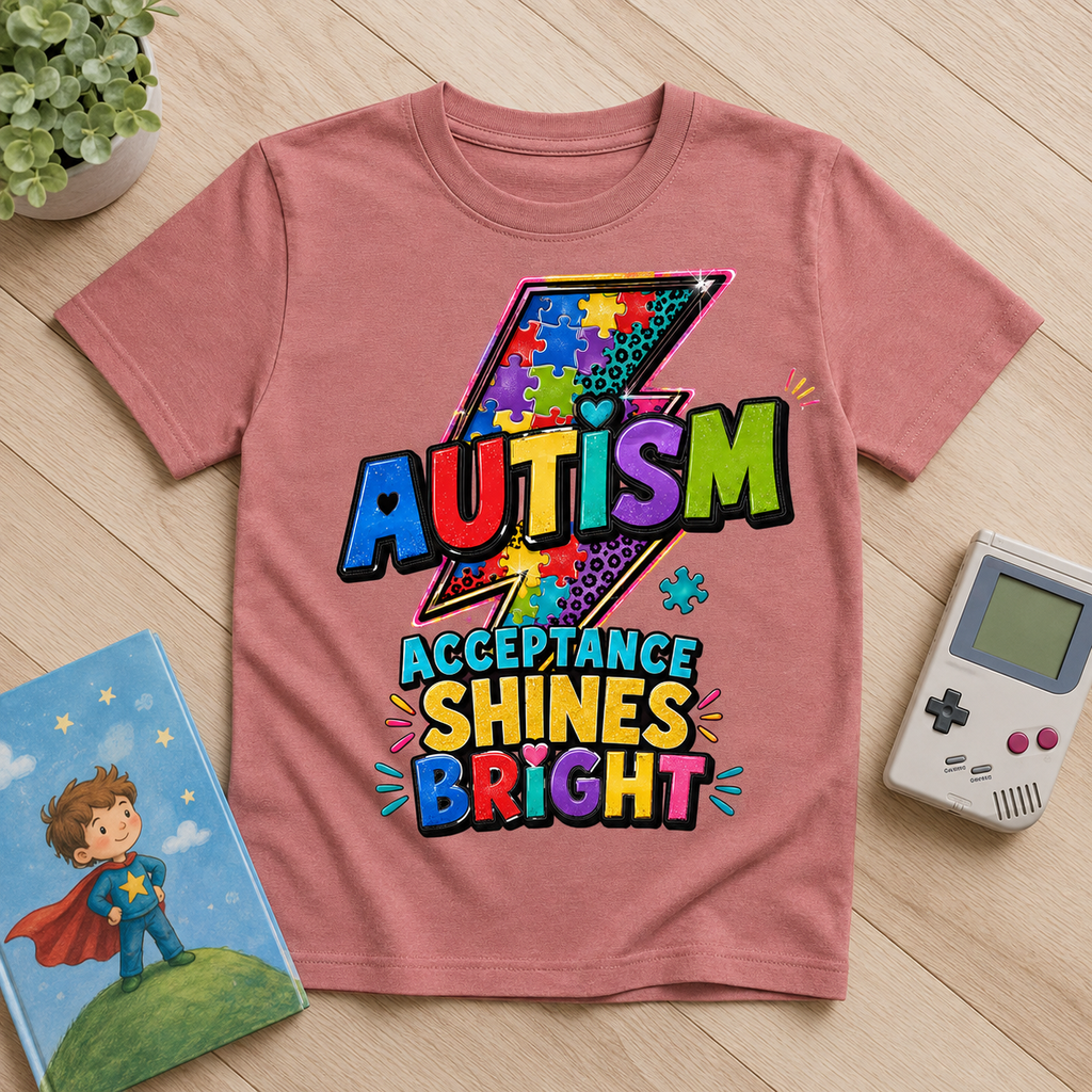 Youth Tee — 'Autism Acceptance Shines Bright' Colorful Lightning Bolt