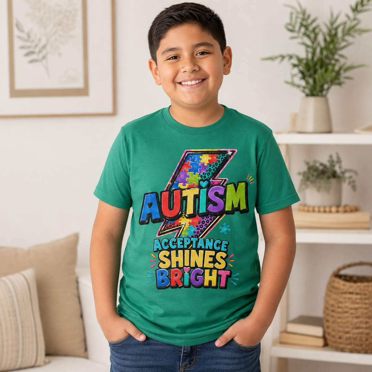 Youth Tee — 'Autism Acceptance Shines Bright' Colorful Lightning Bolt