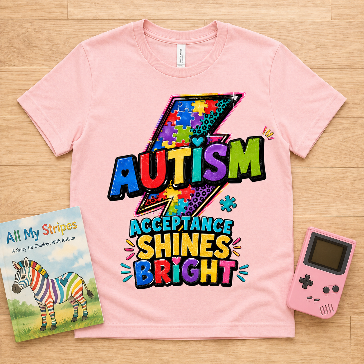 Youth Tee — 'Autism Acceptance Shines Bright' Colorful Lightning Bolt