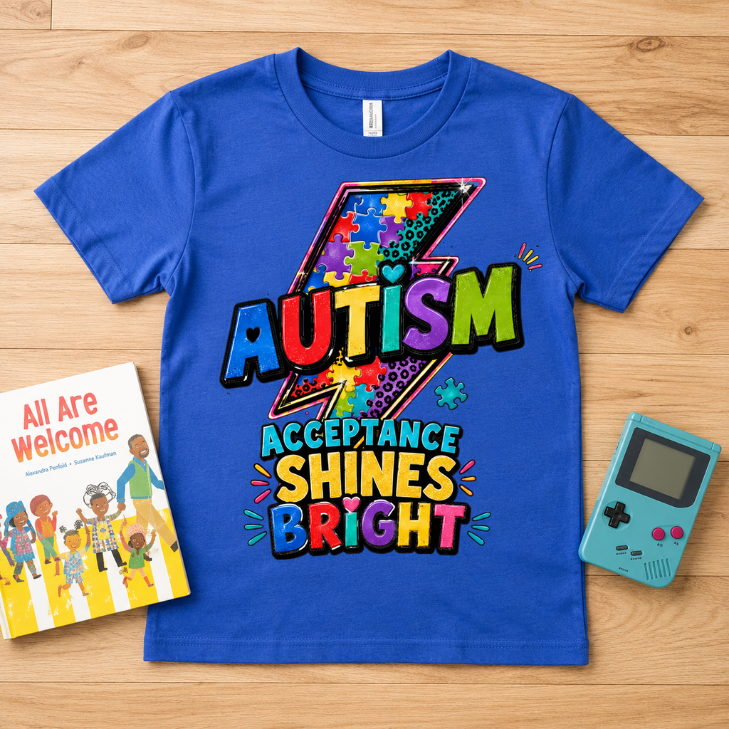 Youth Tee — 'Autism Acceptance Shines Bright' Colorful Lightning Bolt