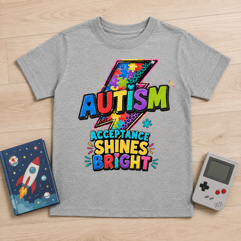 Youth Tee — 'Autism Acceptance Shines Bright' Colorful Lightning Bolt