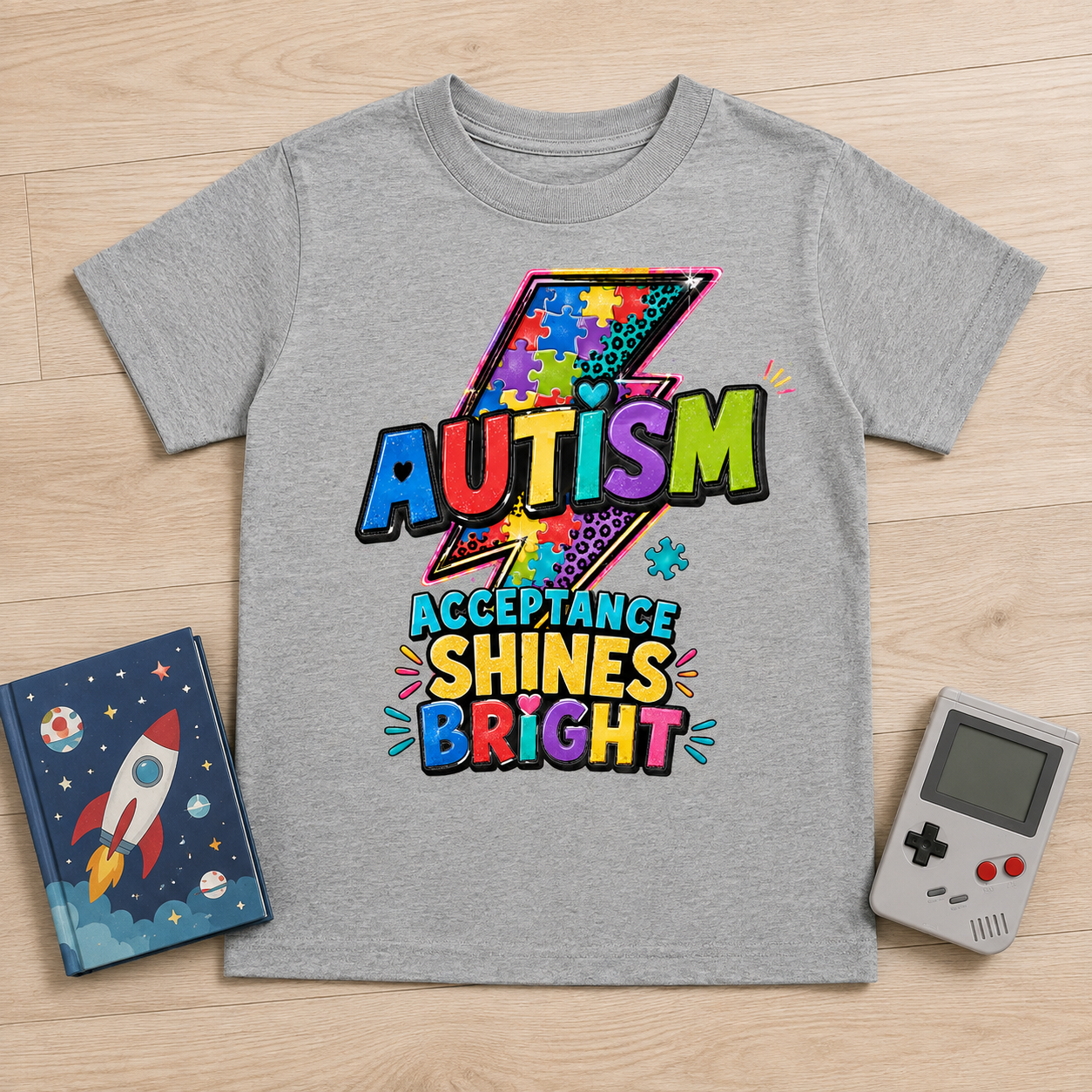 Youth Tee — 'Autism Acceptance Shines Bright' Colorful Lightning Bolt