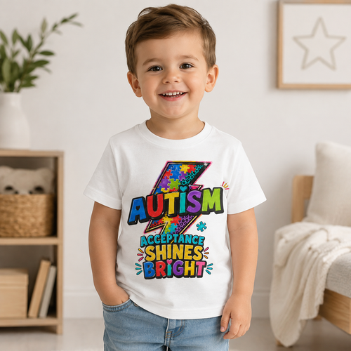 Autism Acceptance Toddler Tee — "Acceptance Shines Bright" Colorful Puzzle Lightning
