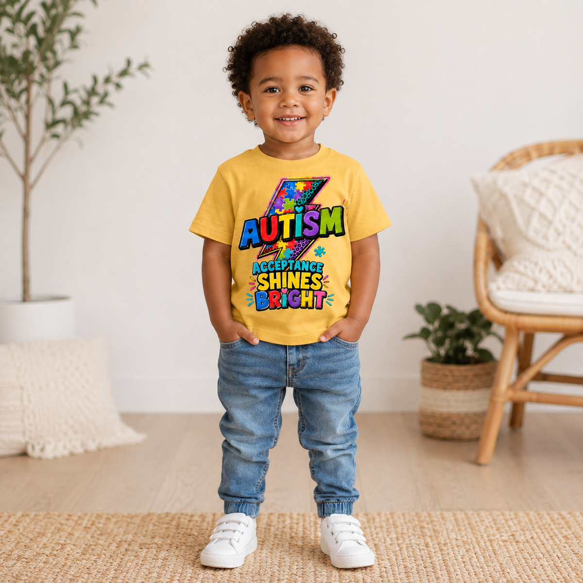 Toddler Tee — "Acceptance Shines Bright" Colorful Puzzle Lightning