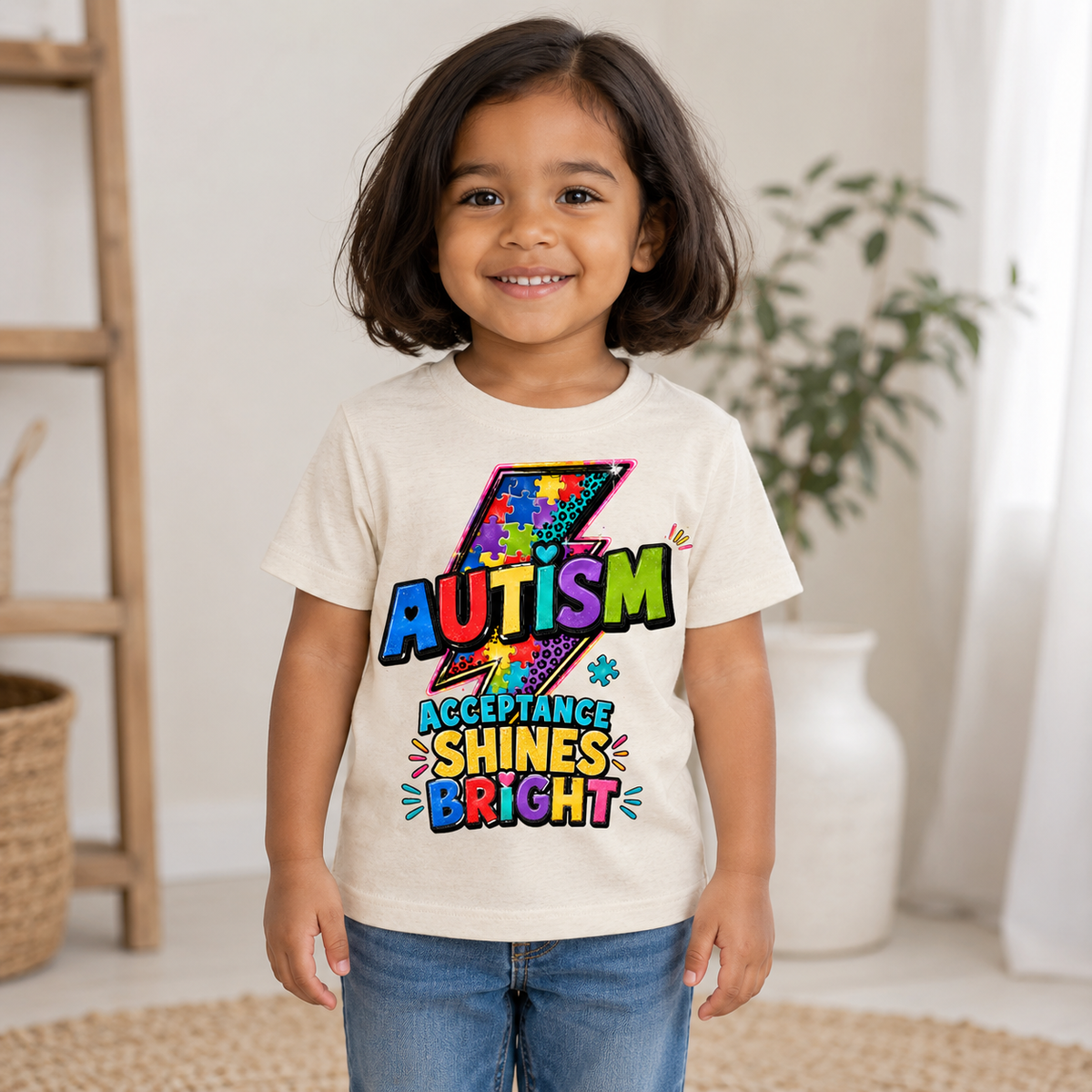 Toddler Tee — "Acceptance Shines Bright" Colorful Puzzle Lightning
