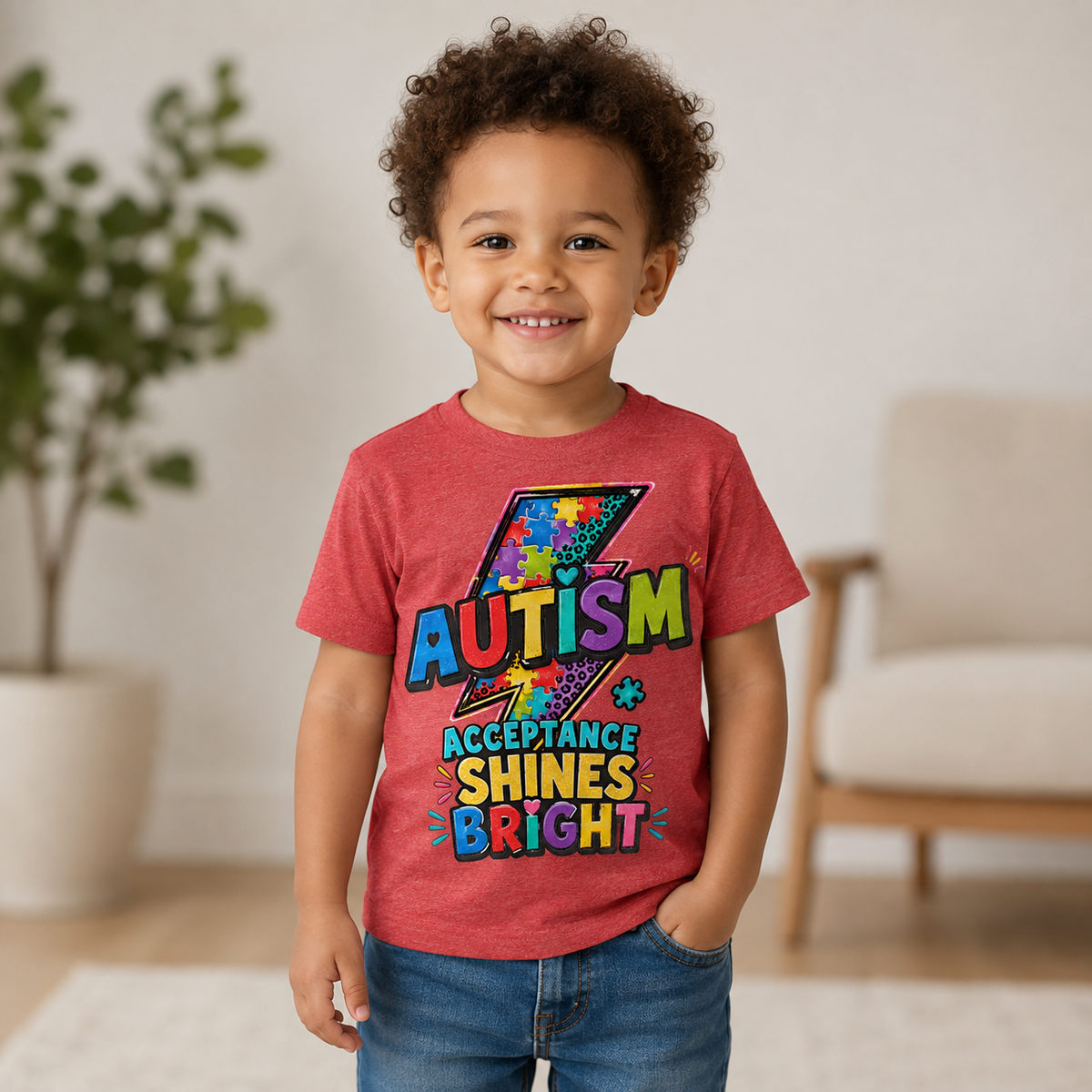 Toddler Tee — "Acceptance Shines Bright" Colorful Puzzle Lightning