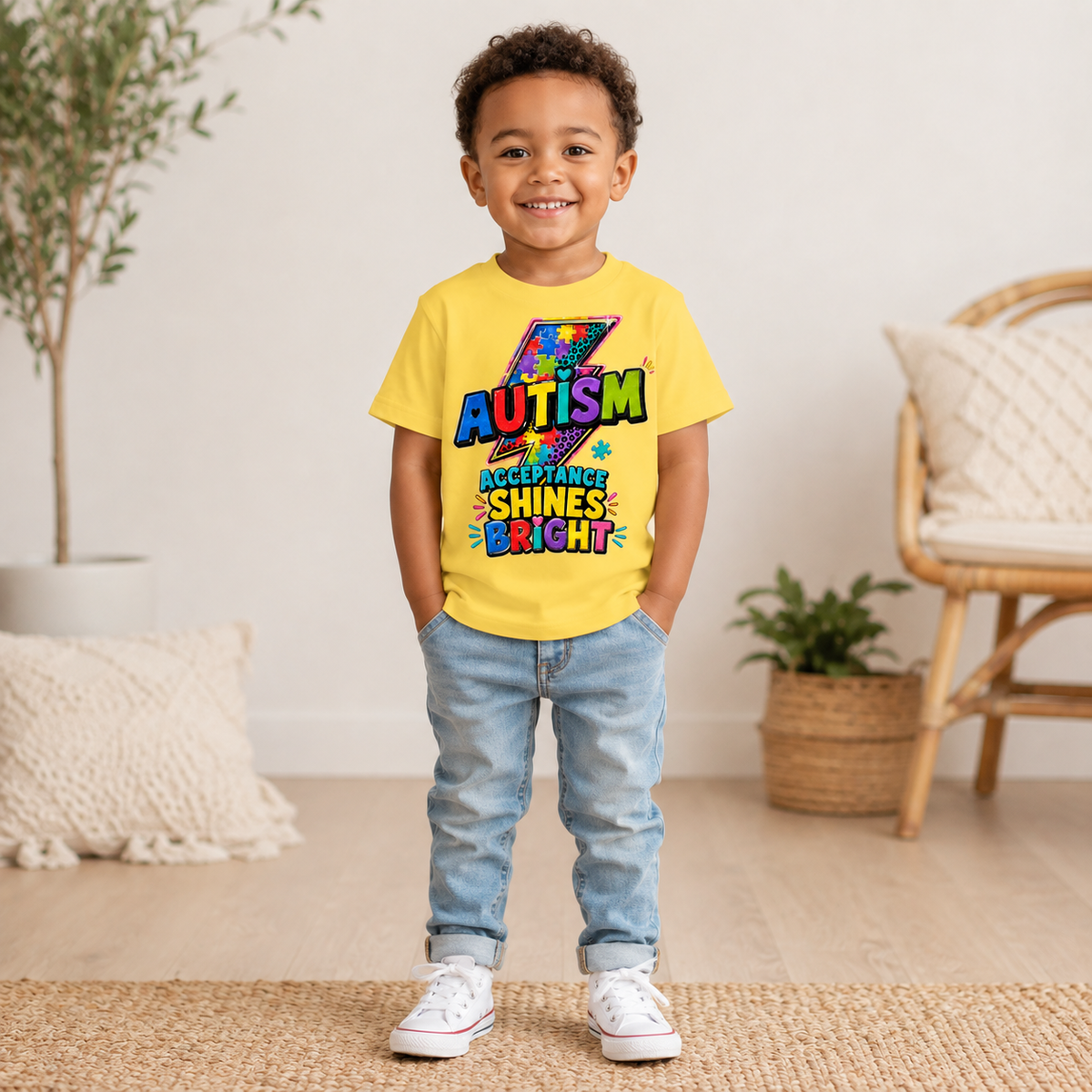 Toddler Tee — "Acceptance Shines Bright" Colorful Puzzle Lightning