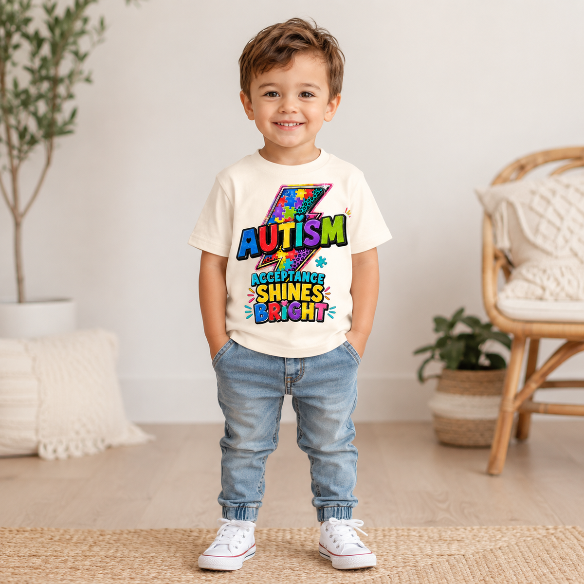 Toddler Tee — "Acceptance Shines Bright" Colorful Puzzle Lightning