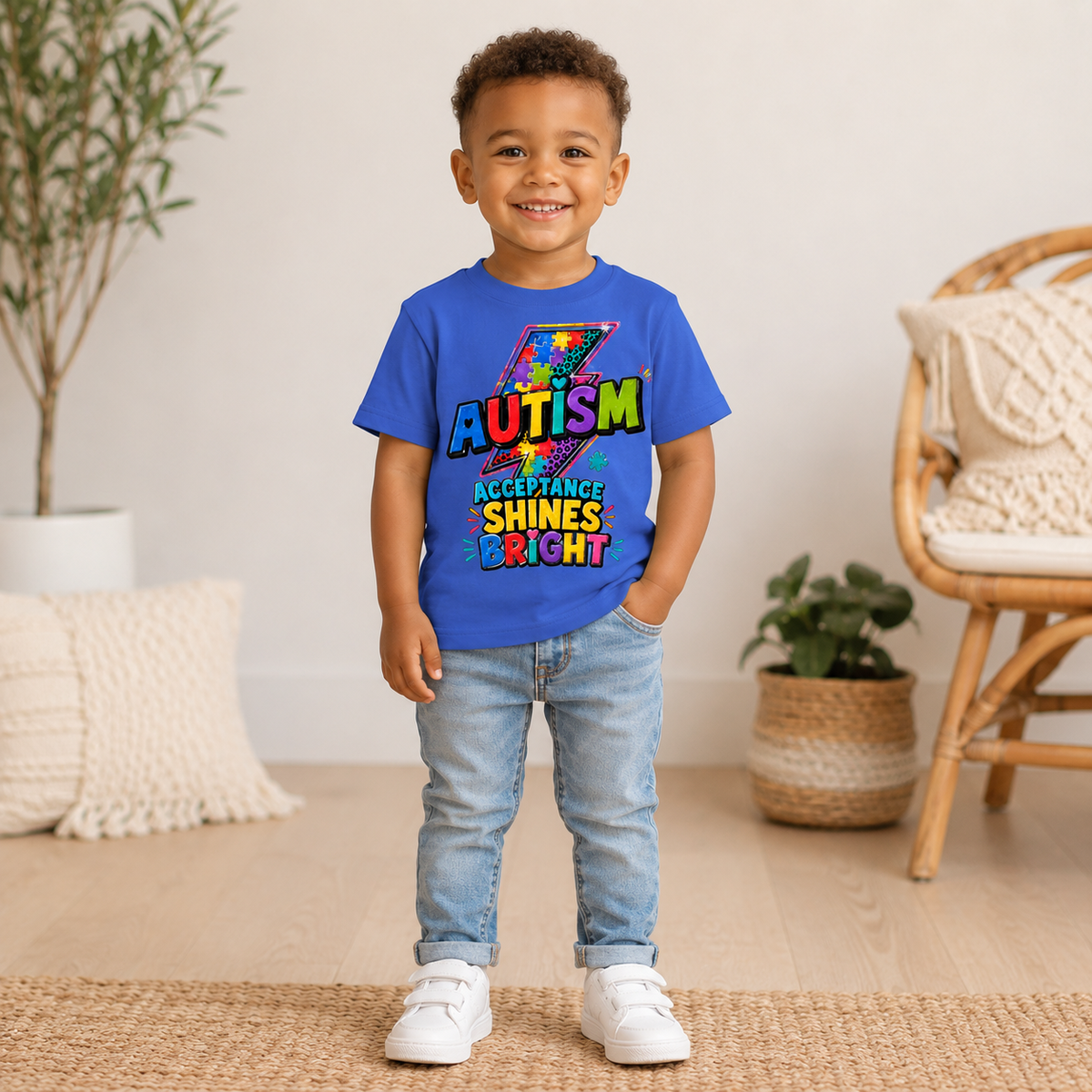 Toddler Tee — "Acceptance Shines Bright" Colorful Puzzle Lightning