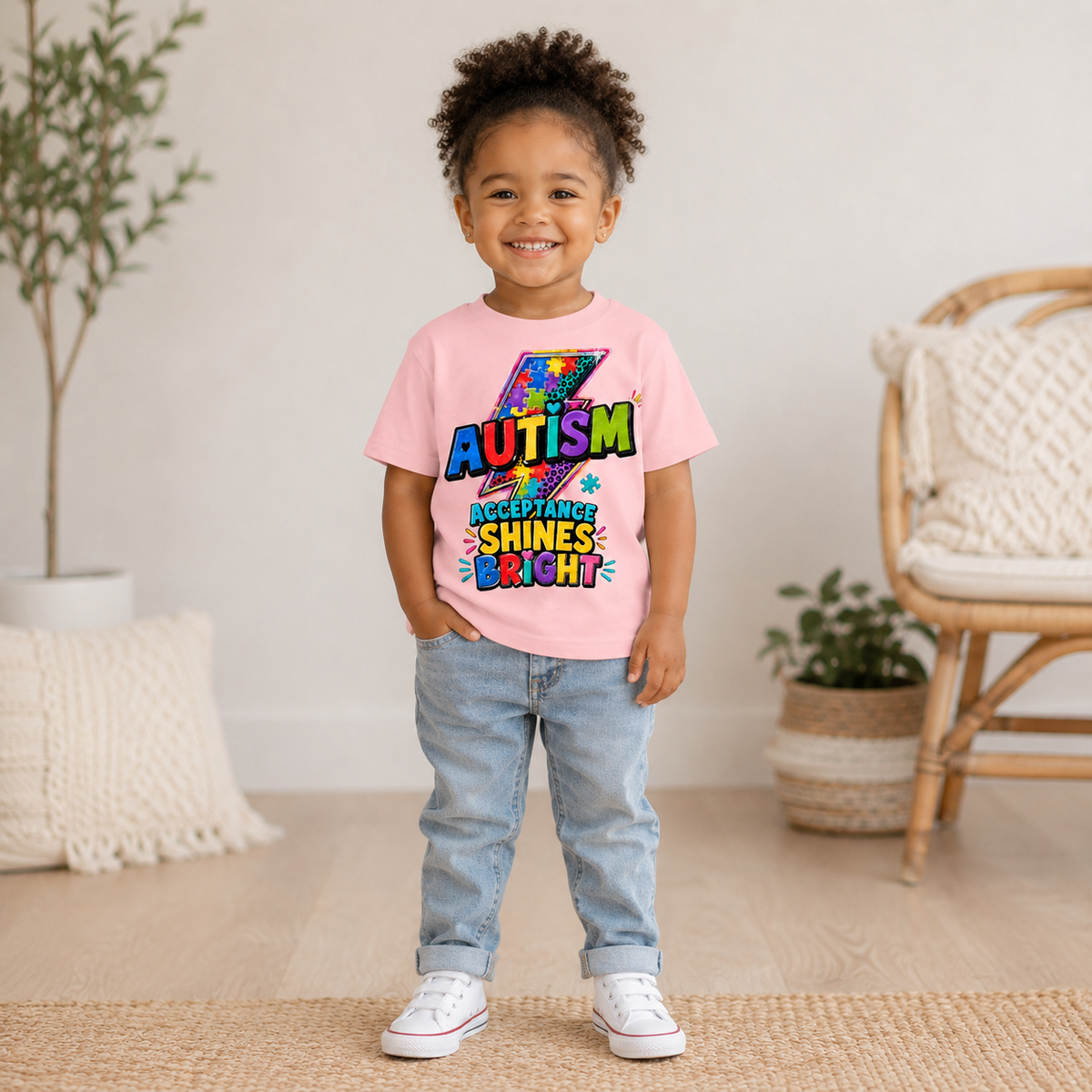 Toddler Tee — "Acceptance Shines Bright" Colorful Puzzle Lightning