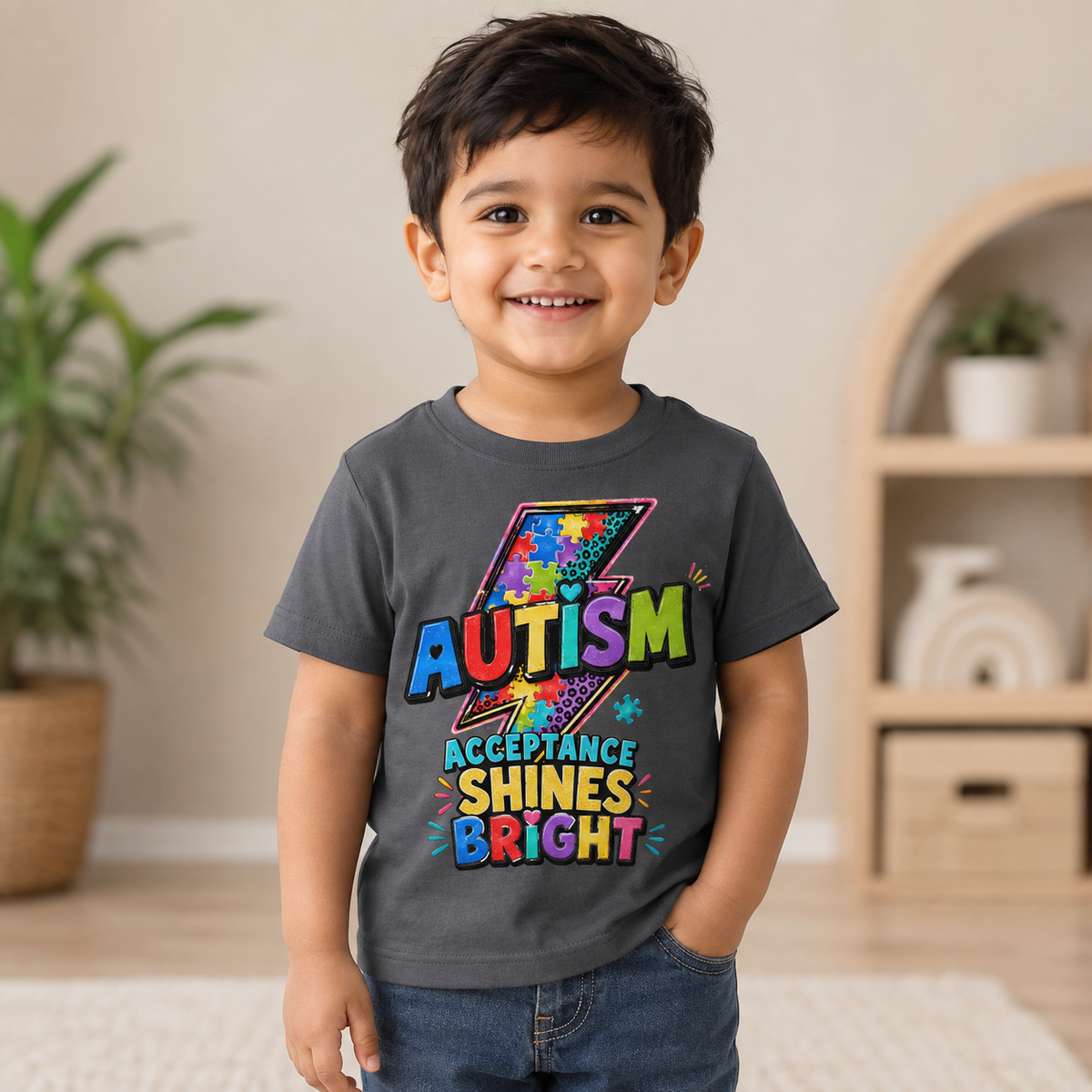 Toddler Tee — "Acceptance Shines Bright" Colorful Puzzle Lightning