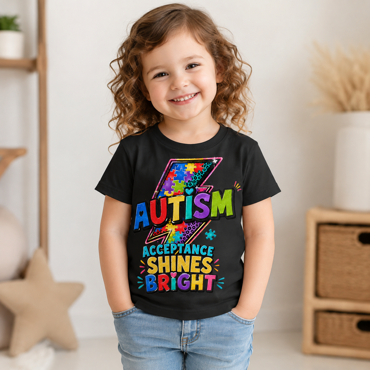 Toddler Tee — "Acceptance Shines Bright" Colorful Puzzle Lightning