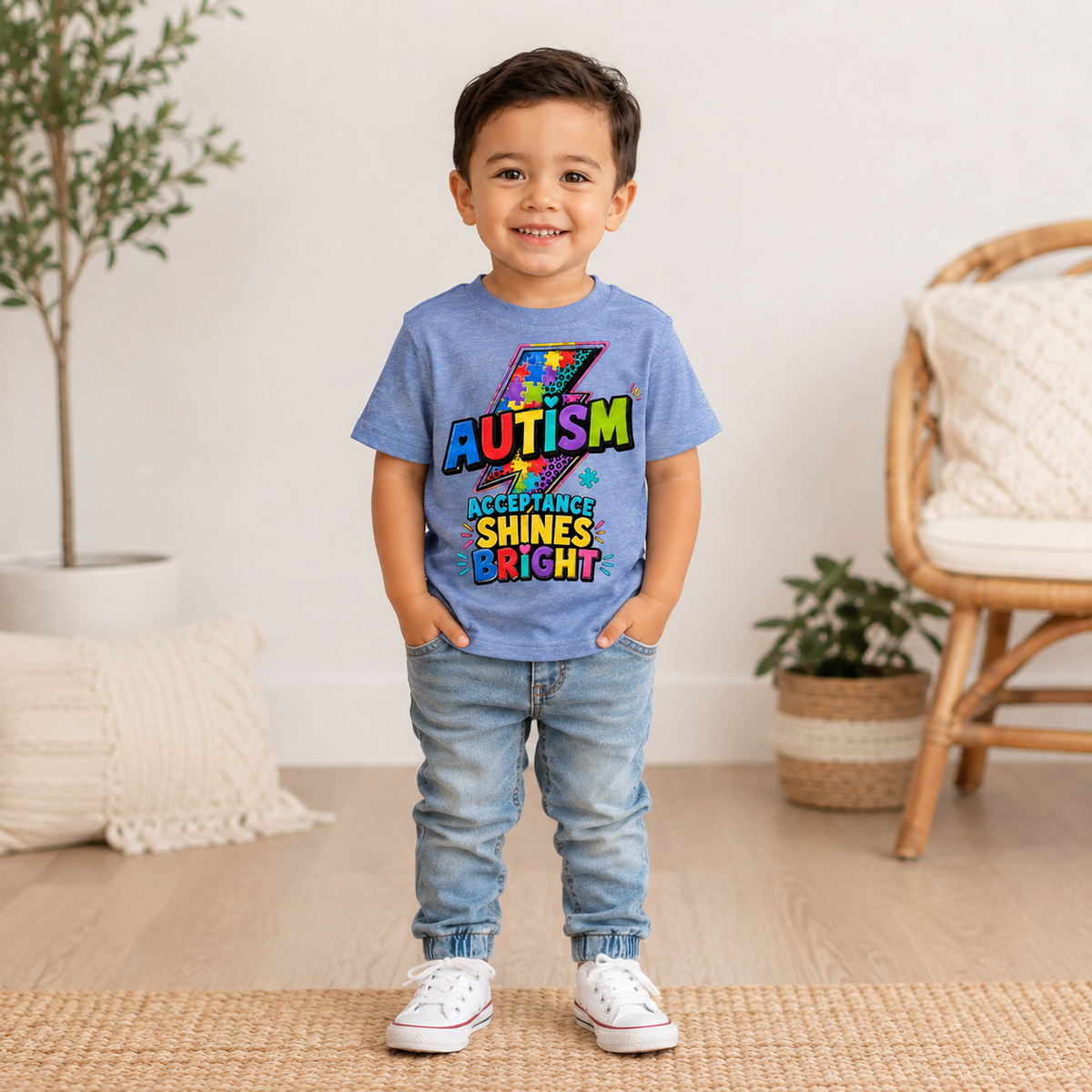 Toddler Tee — "Acceptance Shines Bright" Colorful Puzzle Lightning