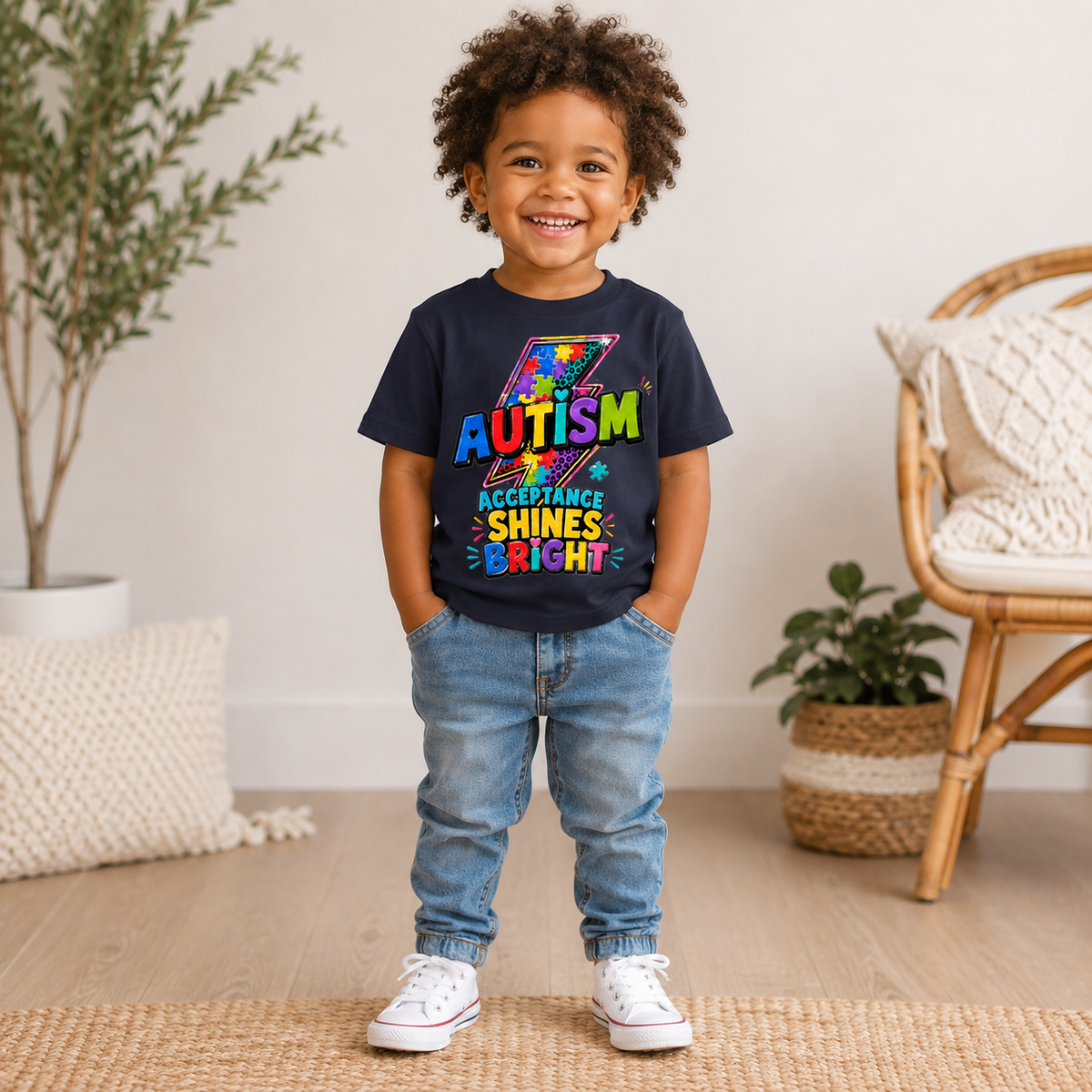 Toddler Tee — "Acceptance Shines Bright" Colorful Puzzle Lightning
