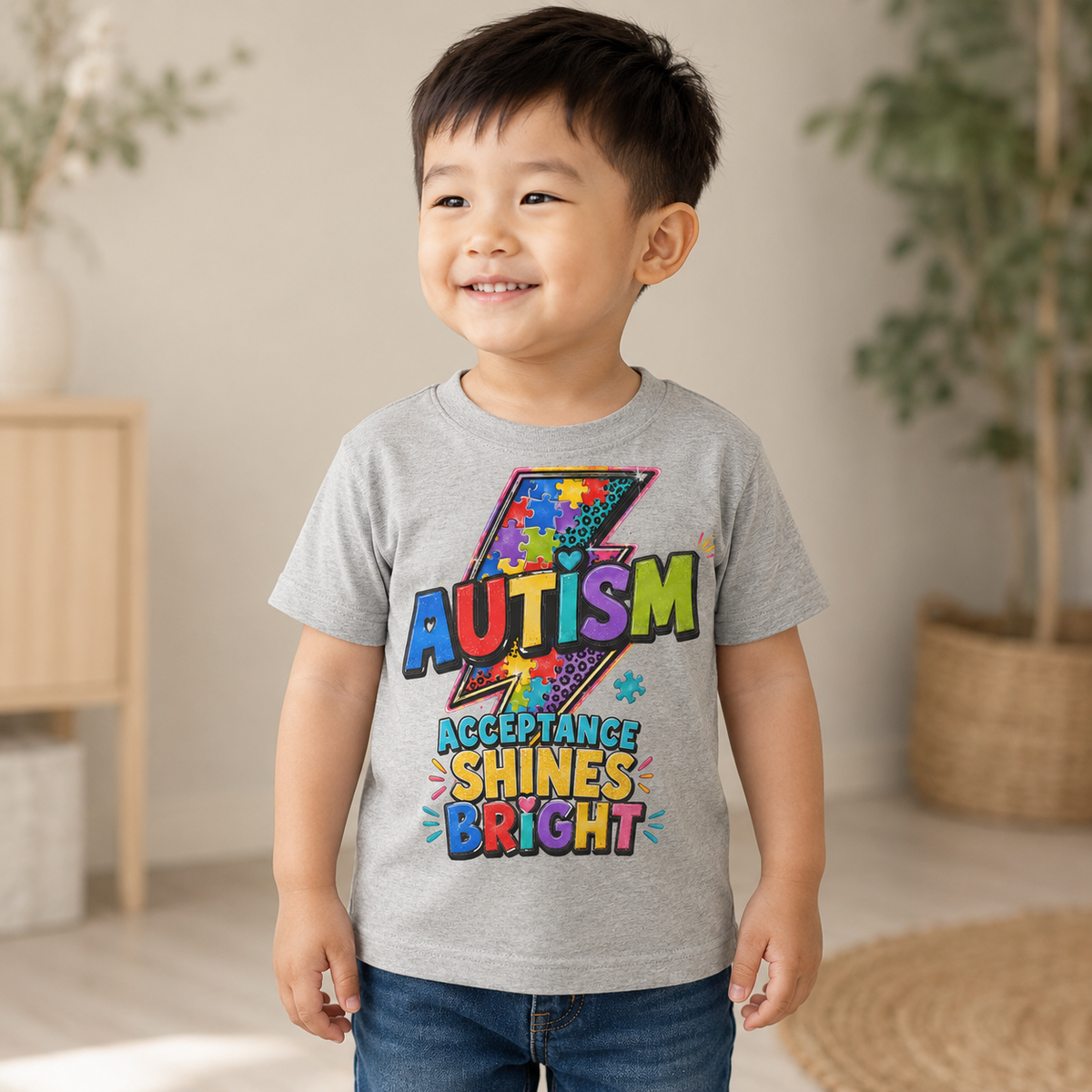 Toddler Tee — "Acceptance Shines Bright" Colorful Puzzle Lightning