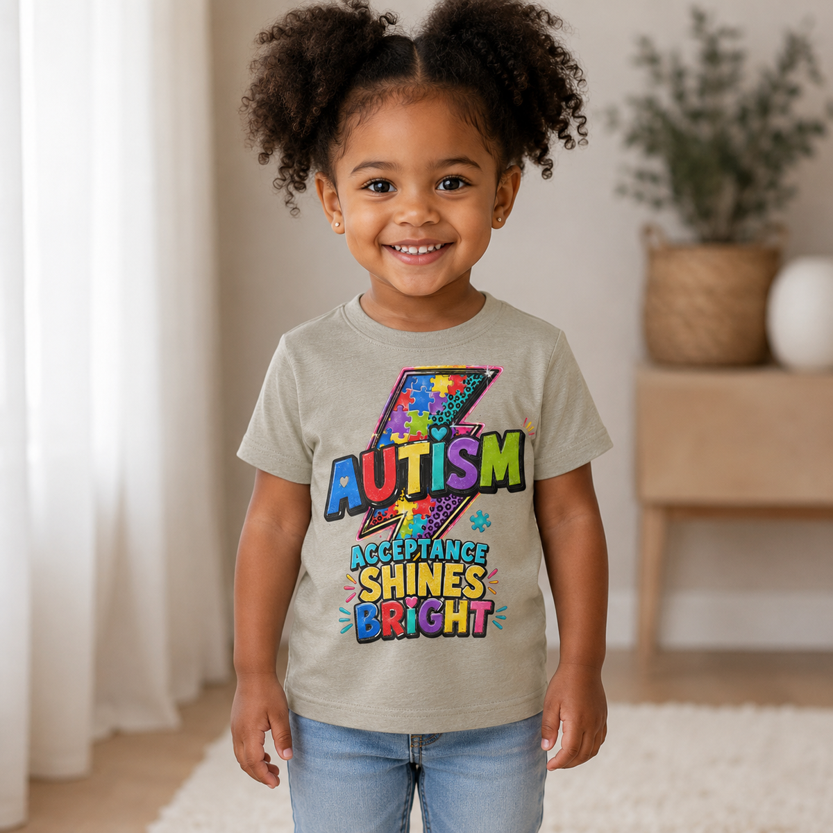 Toddler Tee — "Acceptance Shines Bright" Colorful Puzzle Lightning