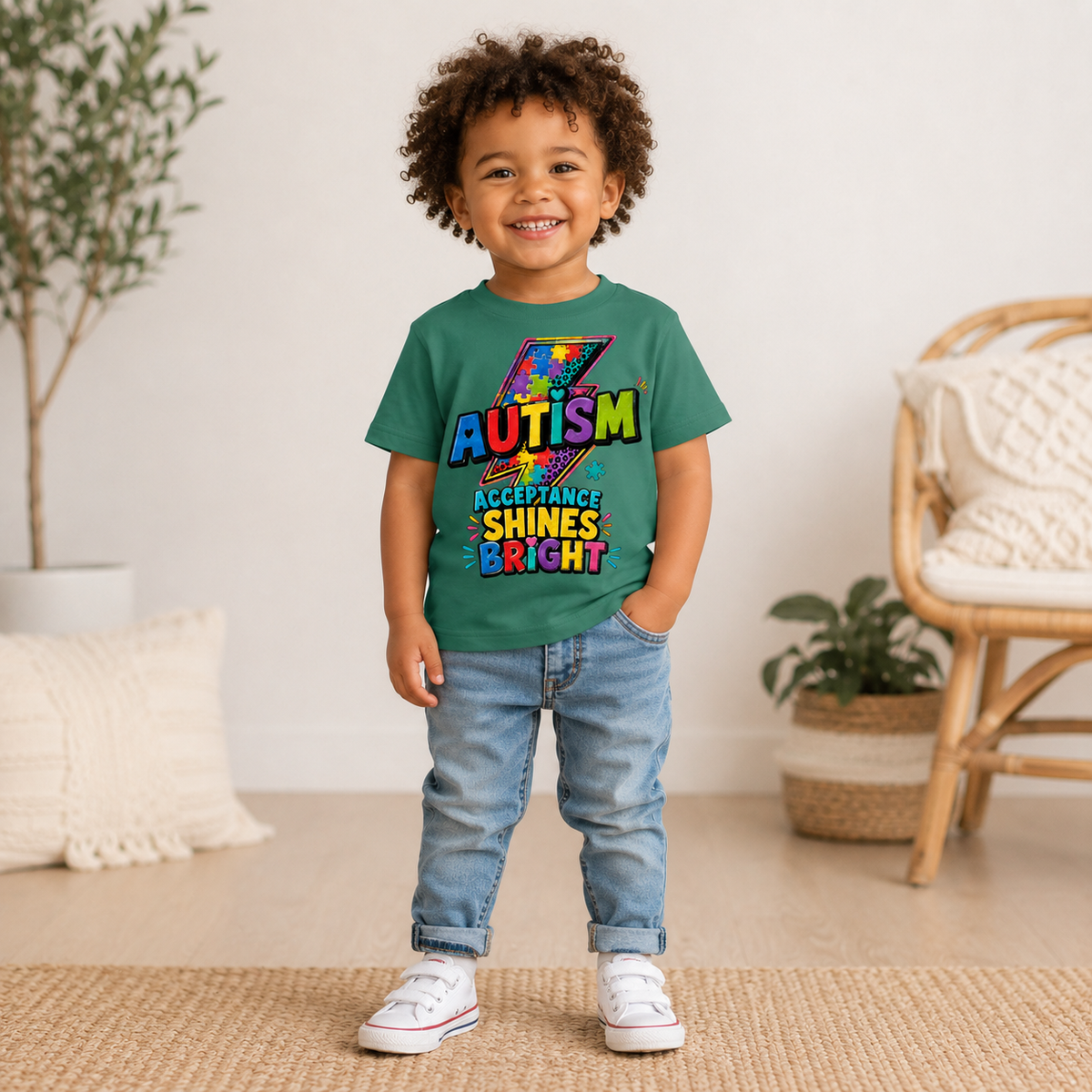 Toddler Tee — "Acceptance Shines Bright" Colorful Puzzle Lightning