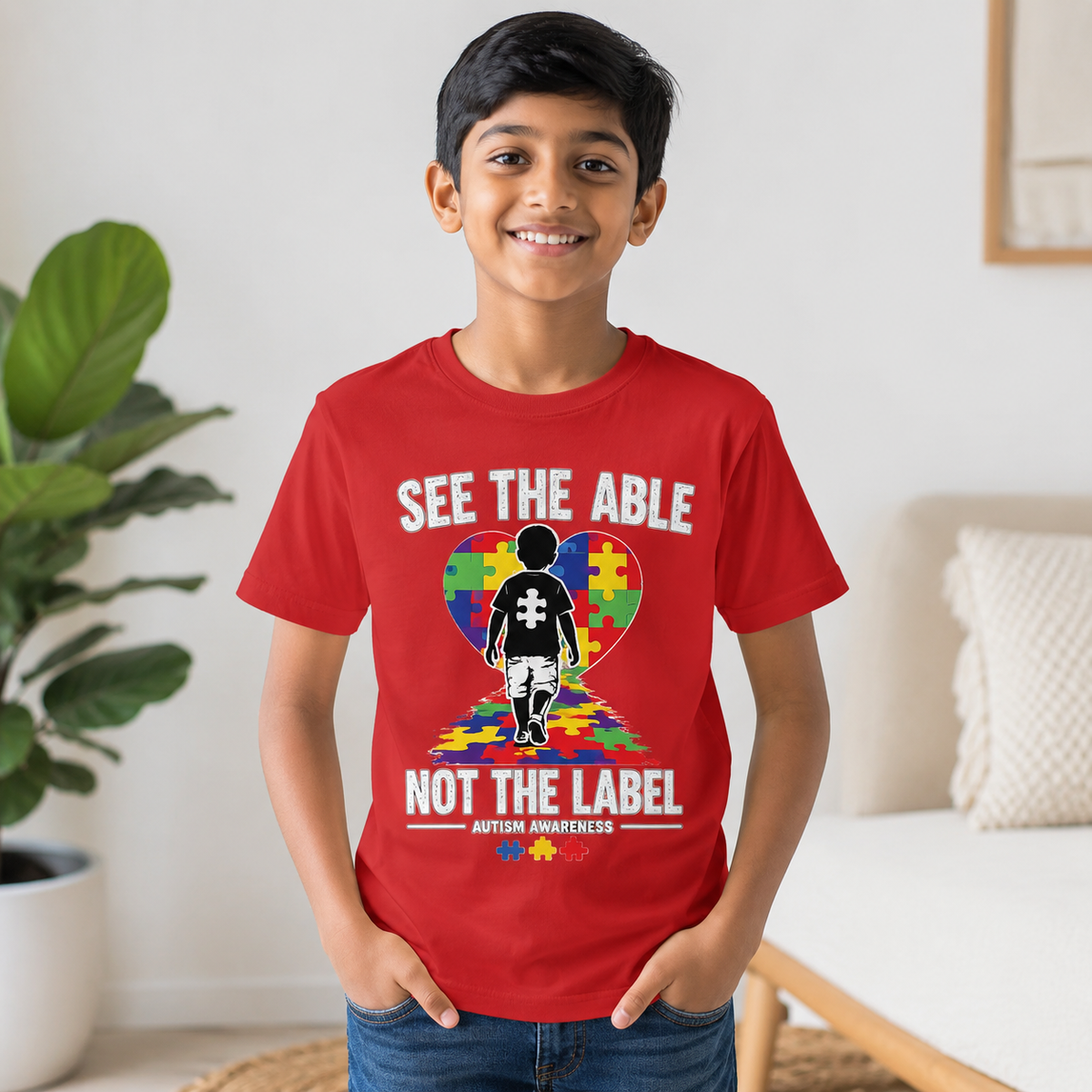 Youth Tee — "See The Able Not The Label" Autism Puzzle Heart Shirt