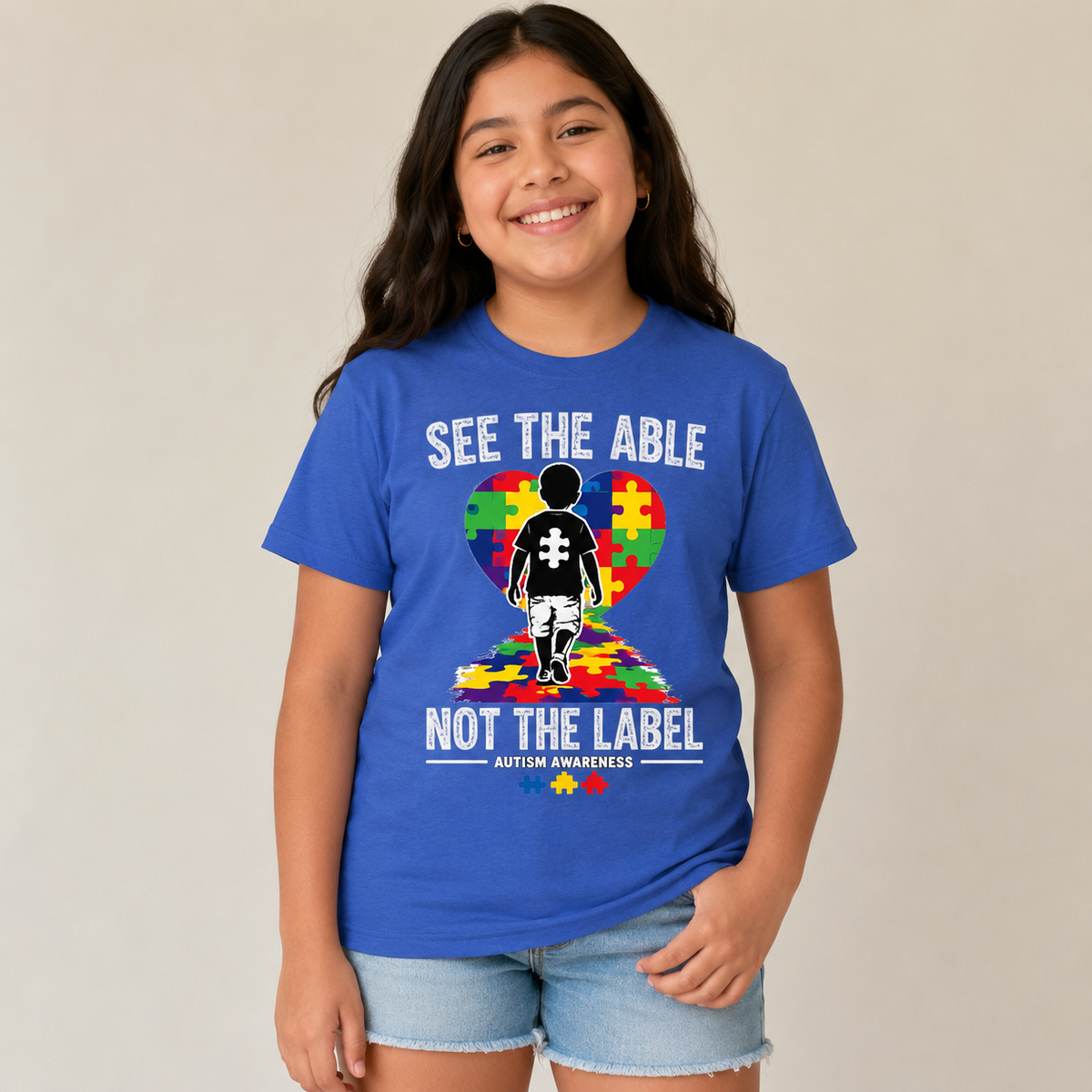 Youth Tee — "See The Able Not The Label" Autism Puzzle Heart Shirt