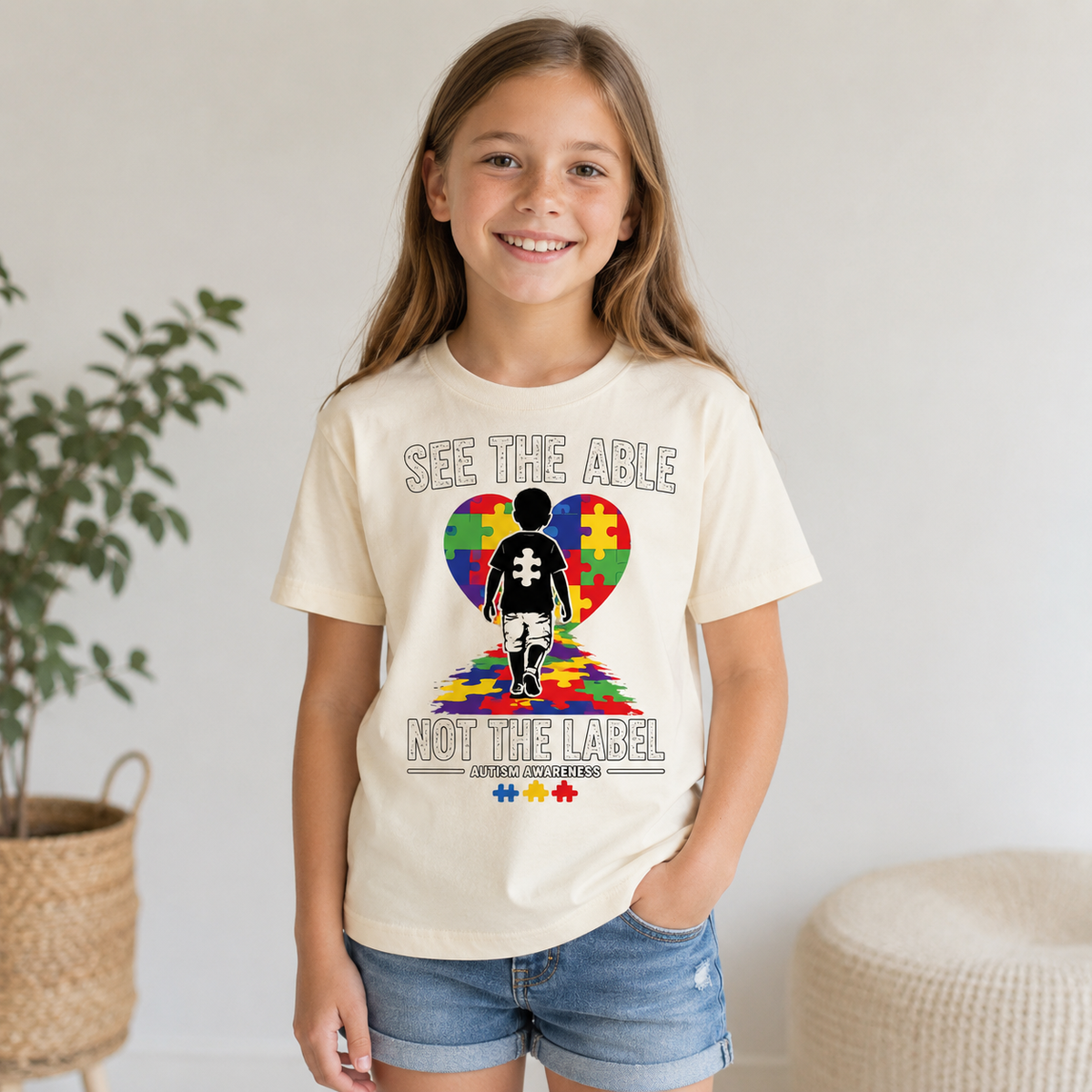 Youth Tee — "See The Able Not The Label" Autism Puzzle Heart Shirt