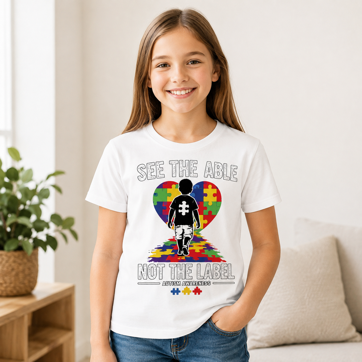 Youth Tee — "See The Able Not The Label" Autism Puzzle Heart Shirt