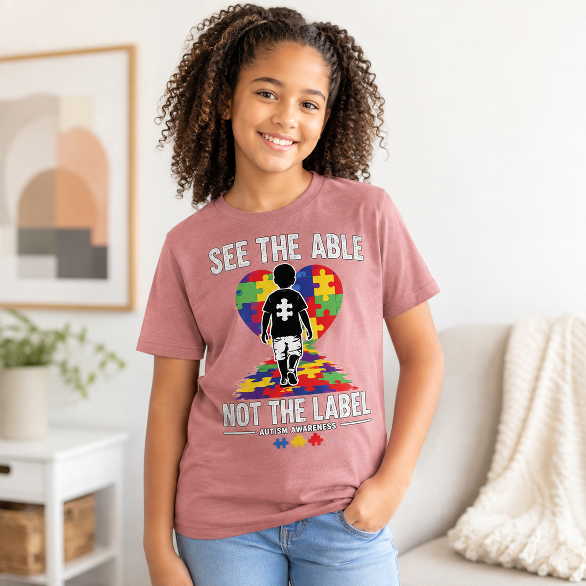 Youth Tee — "See The Able Not The Label" Autism Puzzle Heart Shirt