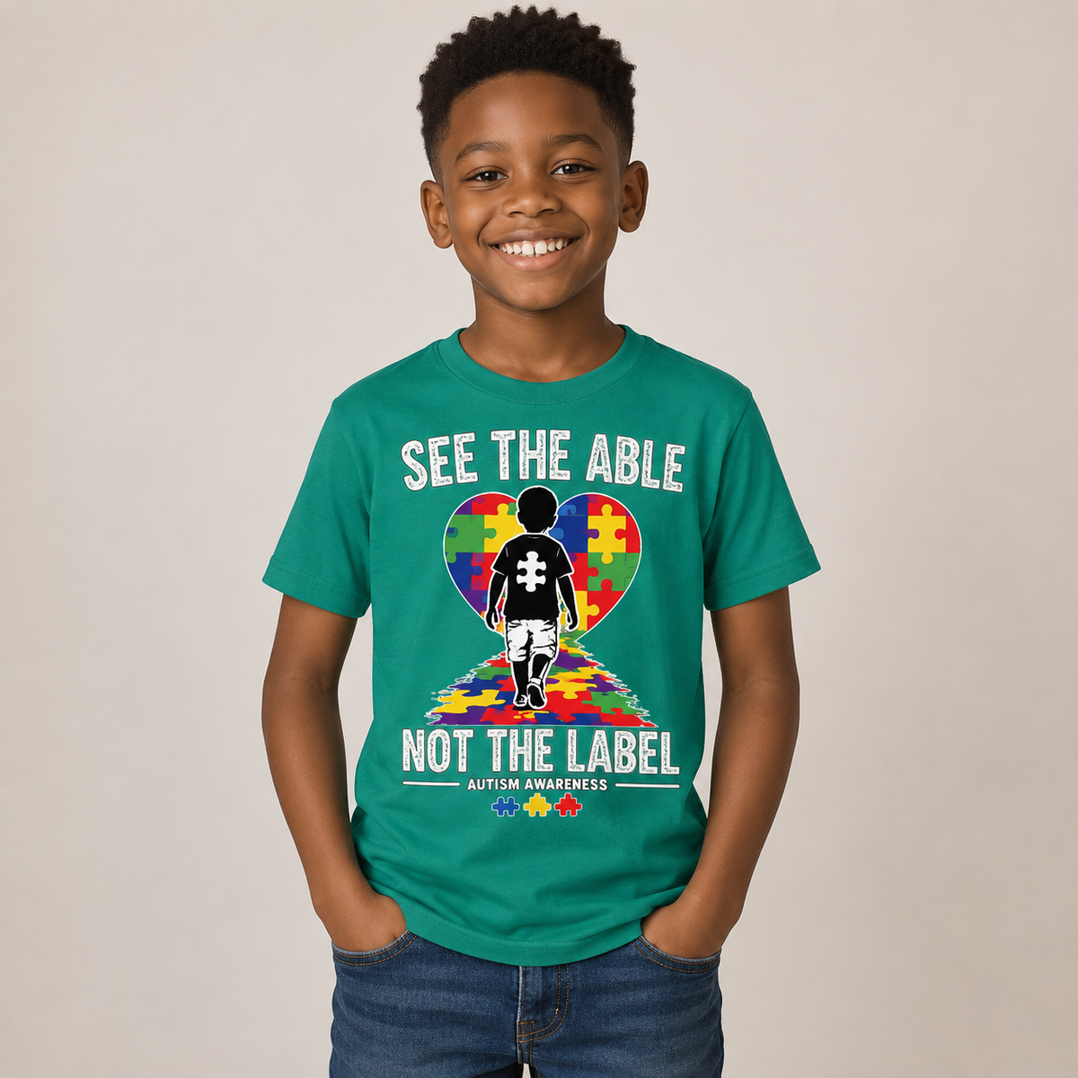 Youth Tee — "See The Able Not The Label" Autism Puzzle Heart Shirt