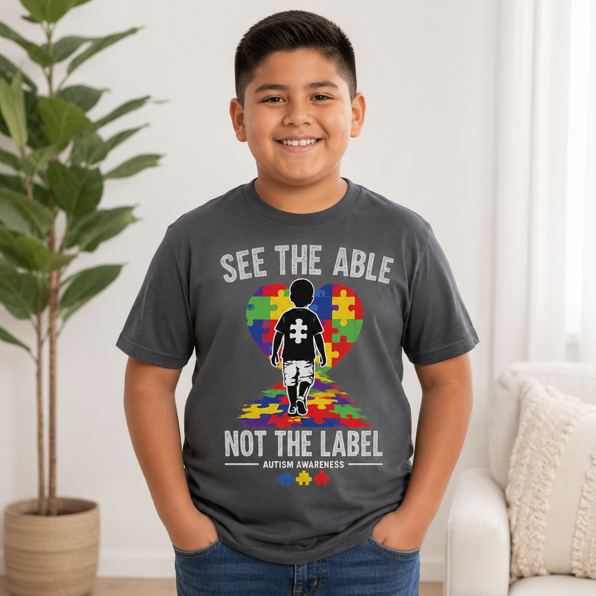Youth Tee — "See The Able Not The Label" Autism Puzzle Heart Shirt