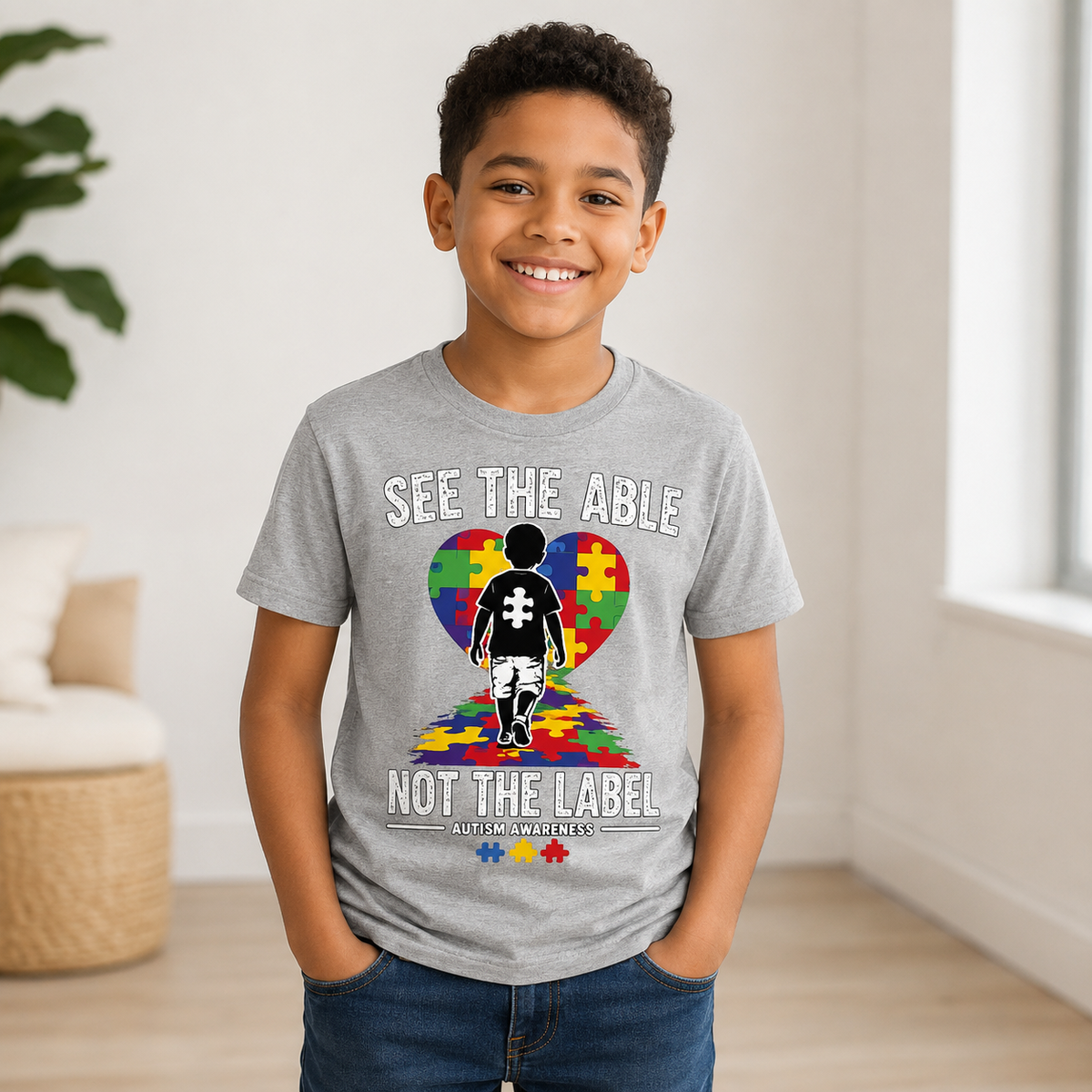 Youth Tee — "See The Able Not The Label" Autism Puzzle Heart Shirt